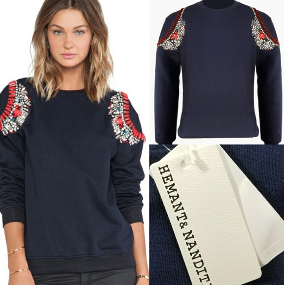 HEMANT & NANDITA Navy Blue Beaded Sweater Sz S - Picture 2 of 8